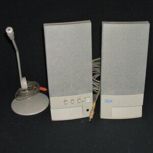 COLLECTIBLE VINTAGE 1990’S IBM APTIVA COMPUTER SPEAKERS AND STICK MICROPHONE